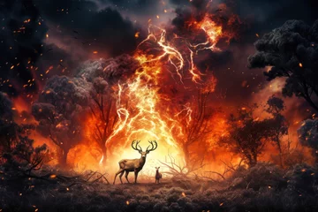Foto op Plexiglas Two roe deer standing together in front of a blazing forest fire, symbolizing the impact of wildfires on wildlife and their habitats © Anoo
