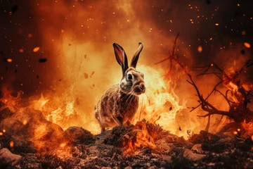 Foto op Plexiglas A kangaroo is seen standing in front of a raging forest fire, symbolizing the struggle of animals escaping from environmental disasters © Anoo