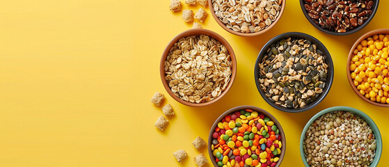 Fototapeta na wymiar Cereal bowls on yellow background, blank copy space. Spice and grain background.