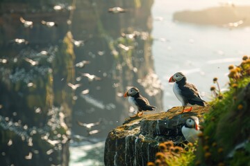 Puffins Overlooking the Sea - obrazy, fototapety, plakaty
