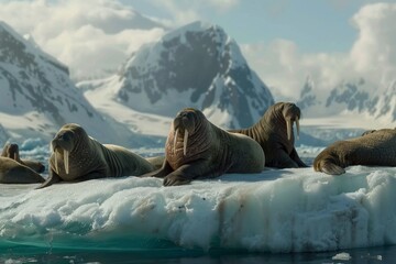 Walruses on Their Frozen Perch - obrazy, fototapety, plakaty