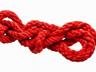 A tangle of matted red rope on a white background, complex knot, tangle mess, picture for troubleshooting. - obrazy, fototapety, plakaty