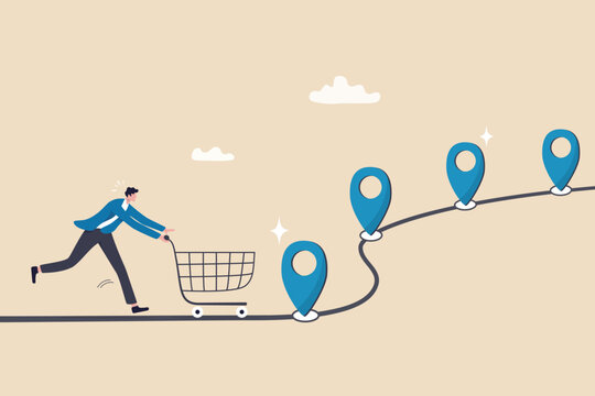 Customer journey, process or milestone for customer to experience until purchase product, marketing strategy analysis, advertising concept, man with trolley shopping cart on customer journey map.