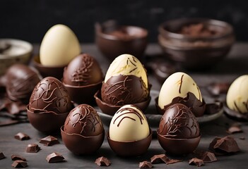 Milk and dark chocolate Easter eggs on the Table, Generative AI