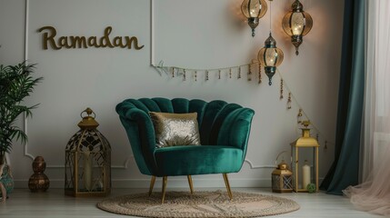 Ramadan themed decorations velvet chair next to the word Ramadan