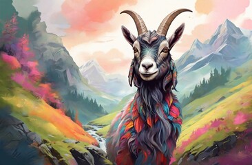 An Alpine Goat with colorful furs with Alpine background - obrazy, fototapety, plakaty