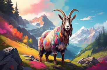 An Alpine Goat with colorful furs with Alpine background