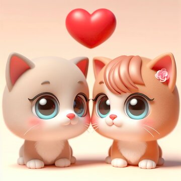 two cute kittens and a red heart,  animated picture, Valentine's Day, 3D