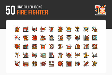 Set of 50 icons of Fire Fighter related to Firefighter, Fire Station ,Fire Truck Line Filled Icon collection - obrazy, fototapety, plakaty