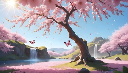 A magnificent cherry blossom tree in full bloom, its branches laden with pink flowers and delicate petals against a clear blue sky. The surrounding landscape is lush and vibrant. - obrazy, fototapety, plakaty