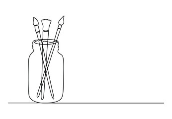 Continuous one line drawing of paintbrush with jar. Isolated on white background vector illustration.