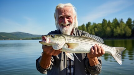 portrait of a man holding a fish caught in the river - obrazy, fototapety, plakaty