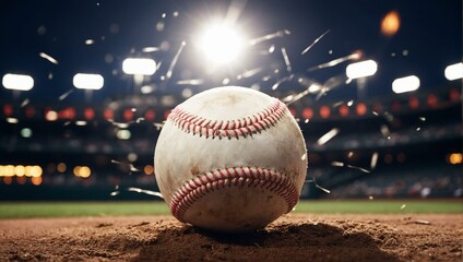A dynamic image of a baseball on a dusty field, illuminated by stadium lights with particles floating in the air - obrazy, fototapety, plakaty