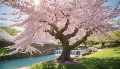 A magnificent cherry blossom tree in full bloom, its branches laden with pink flowers and delicate petals against a clear blue sky. The surrounding landscape is lush and vibrant.