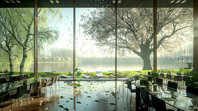 meeting room located by a river, seamless looping background animation, anime style, for vtuber / streamer backdrop