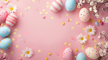 Fototapeta na wymiar Colorful easter eggs on pink background with spring flowers. festive and joyful holiday concept. ideal for greeting card designs. AI