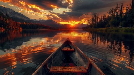 Obraz premium Sunset boat ride on a tranquil lake.