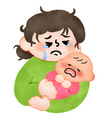 熱がある赤ちゃんが心配で抱っこしながら泣き出すお母さん　手描きイラスト素材