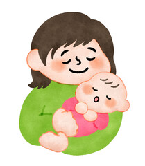 赤ちゃんを寝かしつけるお母さん　手描きイラスト素材