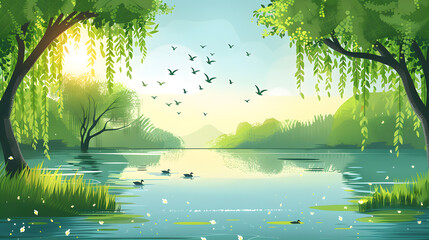 A peaceful sunset view over a serene lake, with birds soaring in the sky amidst the gentle sway of lush green trees. - obrazy, fototapety, plakaty