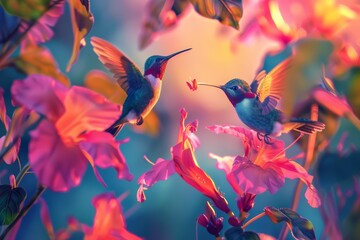 Hummingbirds Hovering in Harmony - obrazy, fototapety, plakaty