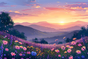 A panoramic view of a cartoon spring valley at sunrise, with rolling hills covered in wildflowers.