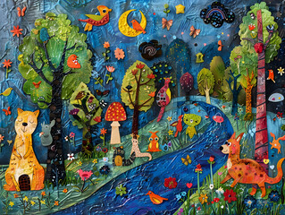 A vibrant, textured artwork depicting various whimsical animals in an enchanted, colorful forest setting.