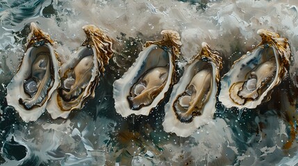 Open oysters in the sea with visible pearls. close-up ocean life shot. nature's treasures amidst waves. fresh seafood delicacy. . AI