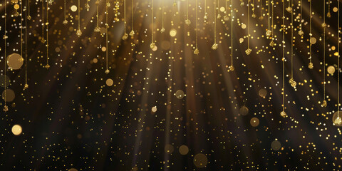 Abstract gold glitter rain on dark background, golden particles and lights .Happy New Year Celebration Sparkles Banner, space for text