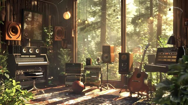 Imagine a music studio tucked away in a forest, where melodies harmonize with the rustle of leaves, seamless looping background animation, anime style, for vtuber / streamer backdrop