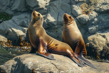 Sea Lions Sunbathing on Rocky Terrain