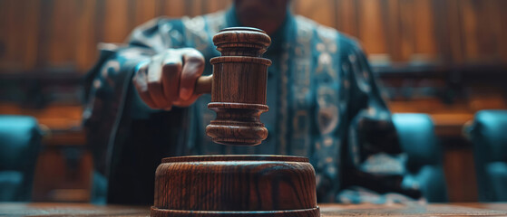 Close-up of a judges hand holding a gavel above a sounding block poised to deliver judgment - obrazy, fototapety, plakaty