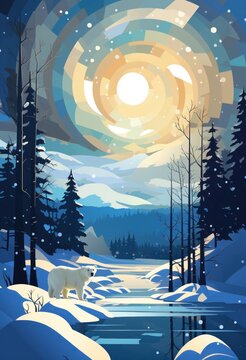 Polar bears, pine trees and snowy winter woodland on blue background.