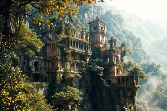 A beautiful old mansion built on a cliff, overgrown with vines and moss. The sky is cloudy, and there's a waterfall in the foreground.