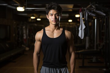 Portrait of an asian sport man in dark gym. smiling man in practice room. active korean man in sportswear - obrazy, fototapety, plakaty