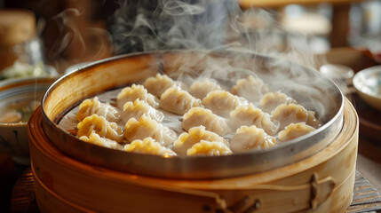 Steaming gyoza, bamboo steamer, authentic preparation, steam rising, inviting and warm