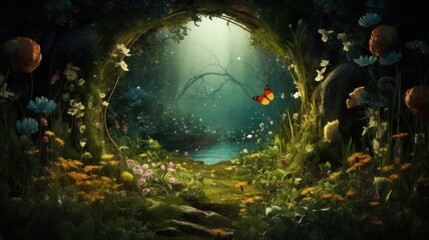 Fototapeta na wymiar Mystical fantasy forest landscape with flower magic portal.