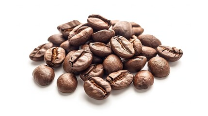 Fototapeta premium Close up of roasted coffee beans with rich texture against a white background