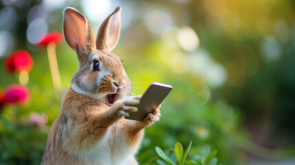 Surprised rabbit holding a smartphone with a comical expression. - 762052993