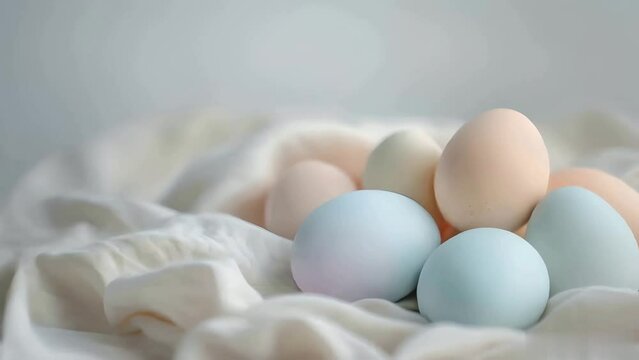 Pastel composition for Easter. Dyed eggs in natural colors. White Background for presentation of work, space for text. Video 4k