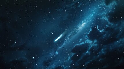 A fiery comet streaking across a star-filled night sky, leaving a trail of glowing debris - obrazy, fototapety, plakaty