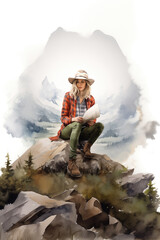 Watercolor sketch. Portrait of beautiful young girl traveler against backdrop of mountains - 762053527