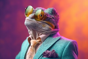 Portrait of a handsome fashionable chameleon. - obrazy, fototapety, plakaty