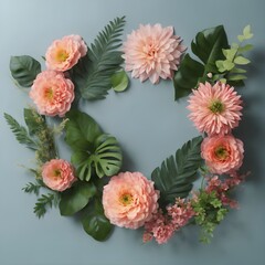 Flat lay pink flowers with green leaves in a circle