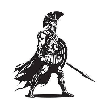 Spartan Warrior  with spear and shield on white background. Stock Vector