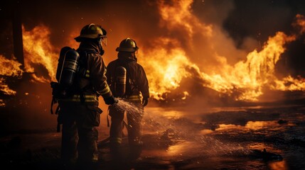 Firefighters Standing in Front of Raging Fire - obrazy, fototapety, plakaty