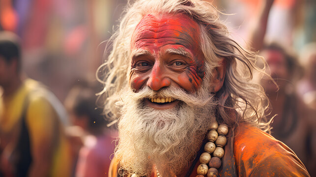 Portrait of a European grandfather on Holi holidays in India