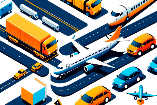 Illustrations of logistics, airplanes, trains, and vehicles, busy logistics trading markets. Background image