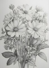 bouquet of chrysanthemums drawn with pencil