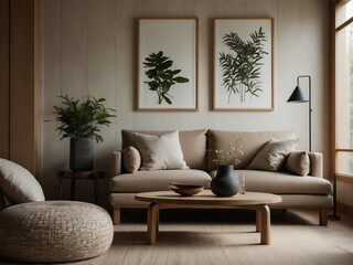 Stilvolles Japandi-Wohnzimmer mit neutralen Farben und natürlichen Pflanzenakzenten